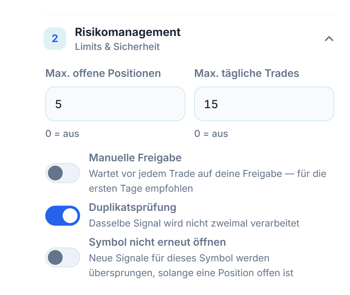 Erweitertes Risikomanagement: Max. Positionen und tägliche Trades, Manuelle Freigabe und rote Warnung, Duplikatsprüfung, Symbol nicht erneut öffnen, Vor dem Schließen erlauben in Minuten