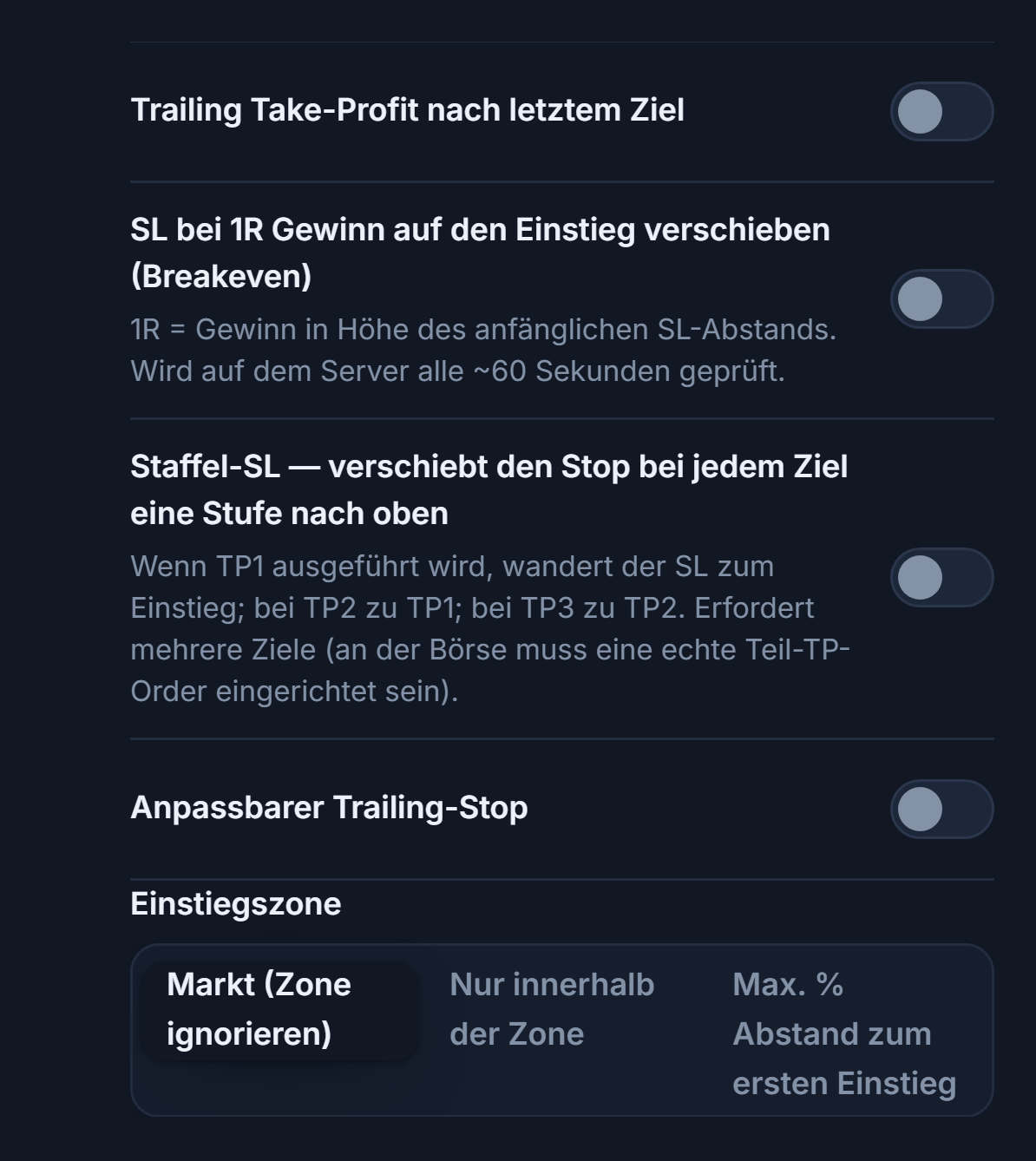 Spalte SL/TP-Verwaltung: Trailing-Take-Profit, Breakeven, Stufen-SL, anpassbarer Trailing-Stop mit Feldern für Aktivierung/Rückzug, Einstiegszone