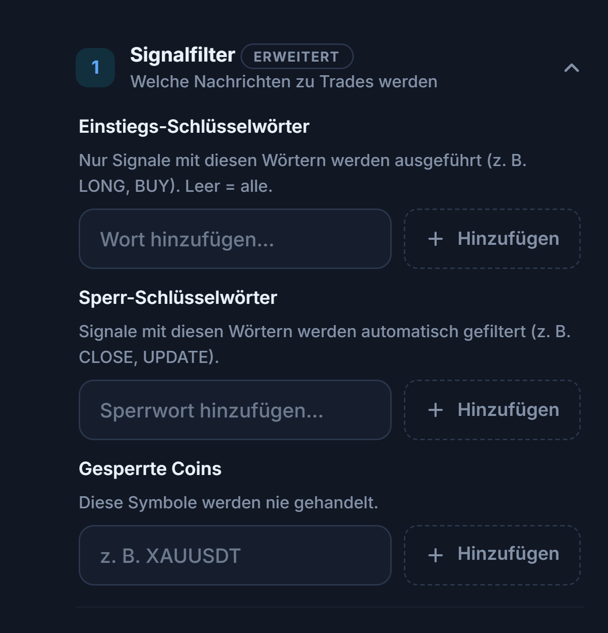 Signalfilter: Einstiegs-Schlüsselwörter, Sperr-Schlüsselwörter und Gesperrte Coins