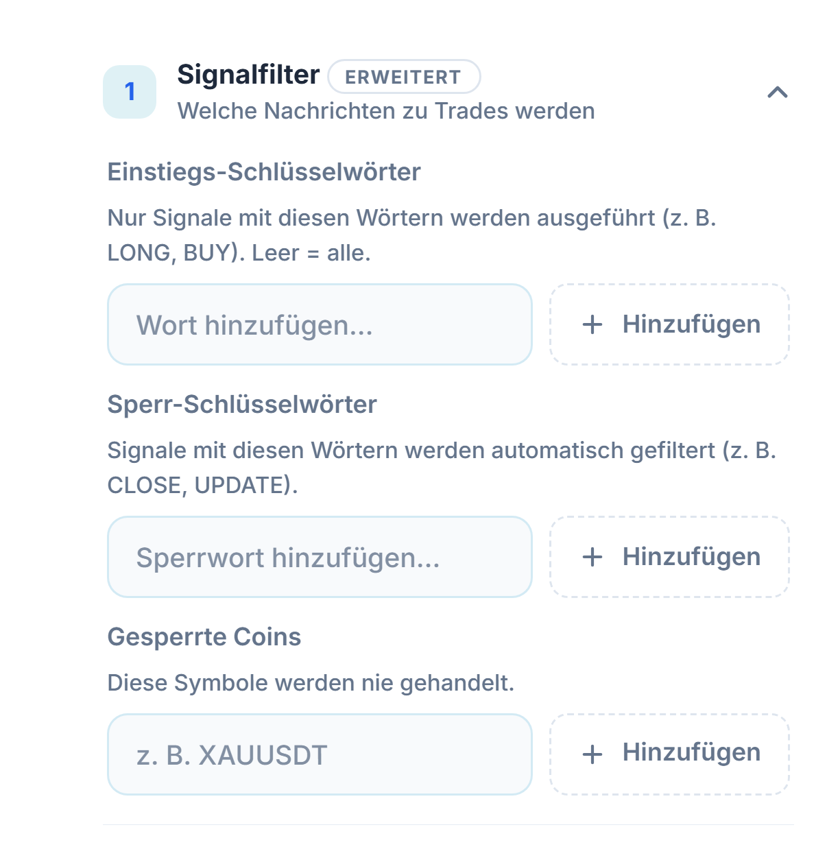 Signalfilter: Einstiegs-Schlüsselwörter, Sperr-Schlüsselwörter und Gesperrte Coins