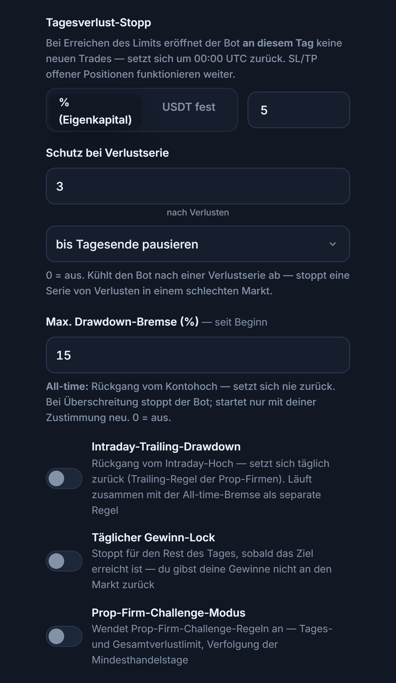 Schutzschild erweitert, Spalte Verlust: Tagesverlust, Verlustserie, Max. Drawdown, Intraday-Trailing-Drawdown, Intraday-Drawdown-Limit und Reset-Stunde, täglicher Gewinn-Lock