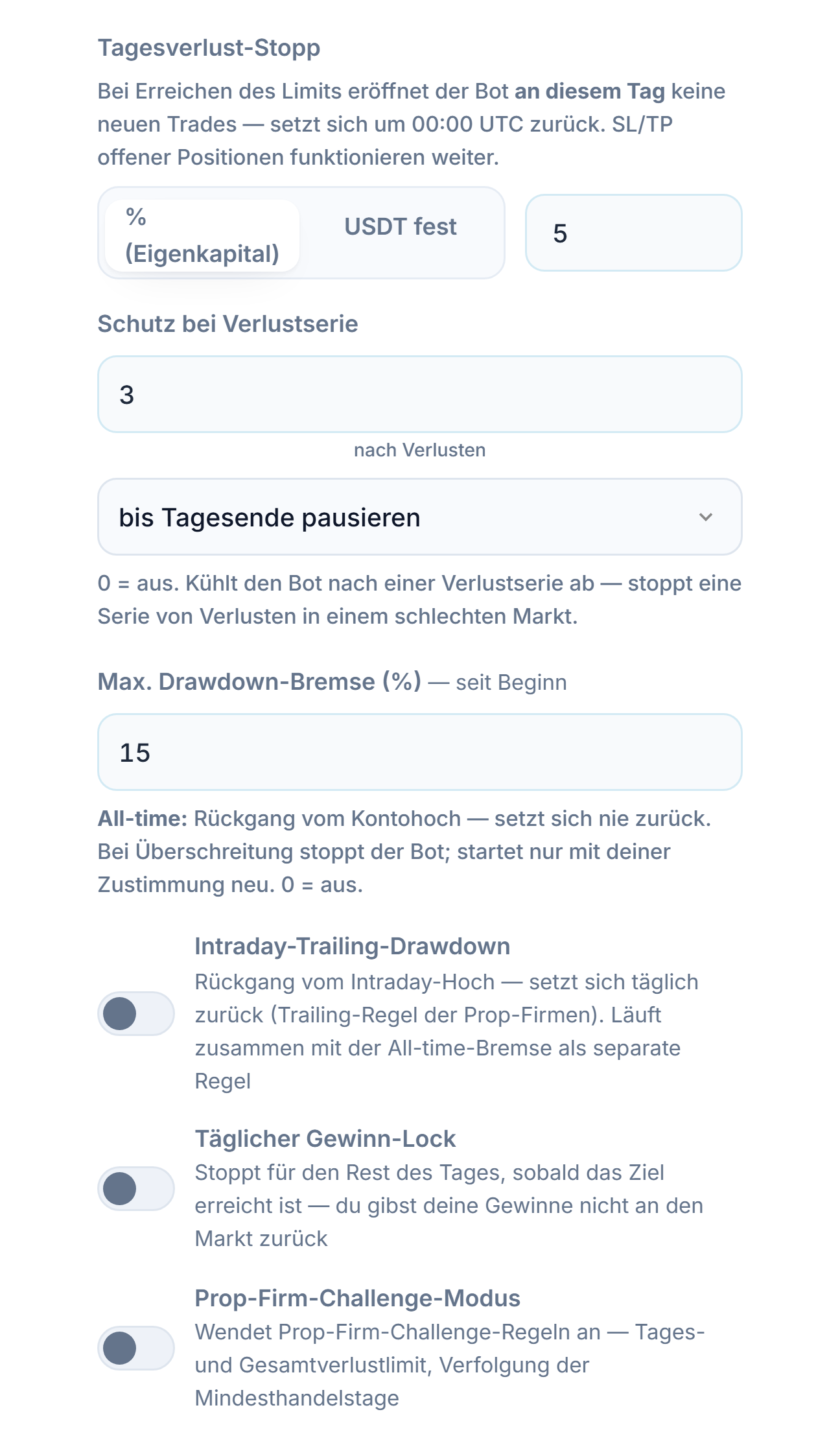 Schutzschild erweitert, Spalte Verlust: Tagesverlust, Verlustserie, Max. Drawdown, Intraday-Trailing-Drawdown, Intraday-Drawdown-Limit und Reset-Stunde, täglicher Gewinn-Lock