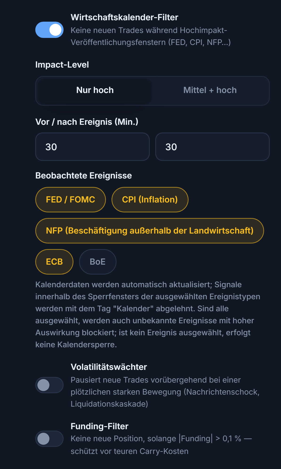 Schutzschild, Spalte Markt: Wirtschaftskalender-Filter, Impact-Level, Minuten vor und nach dem Ereignis, beobachtete Ereignisse, Volatilitätswächter und Funding-Filter