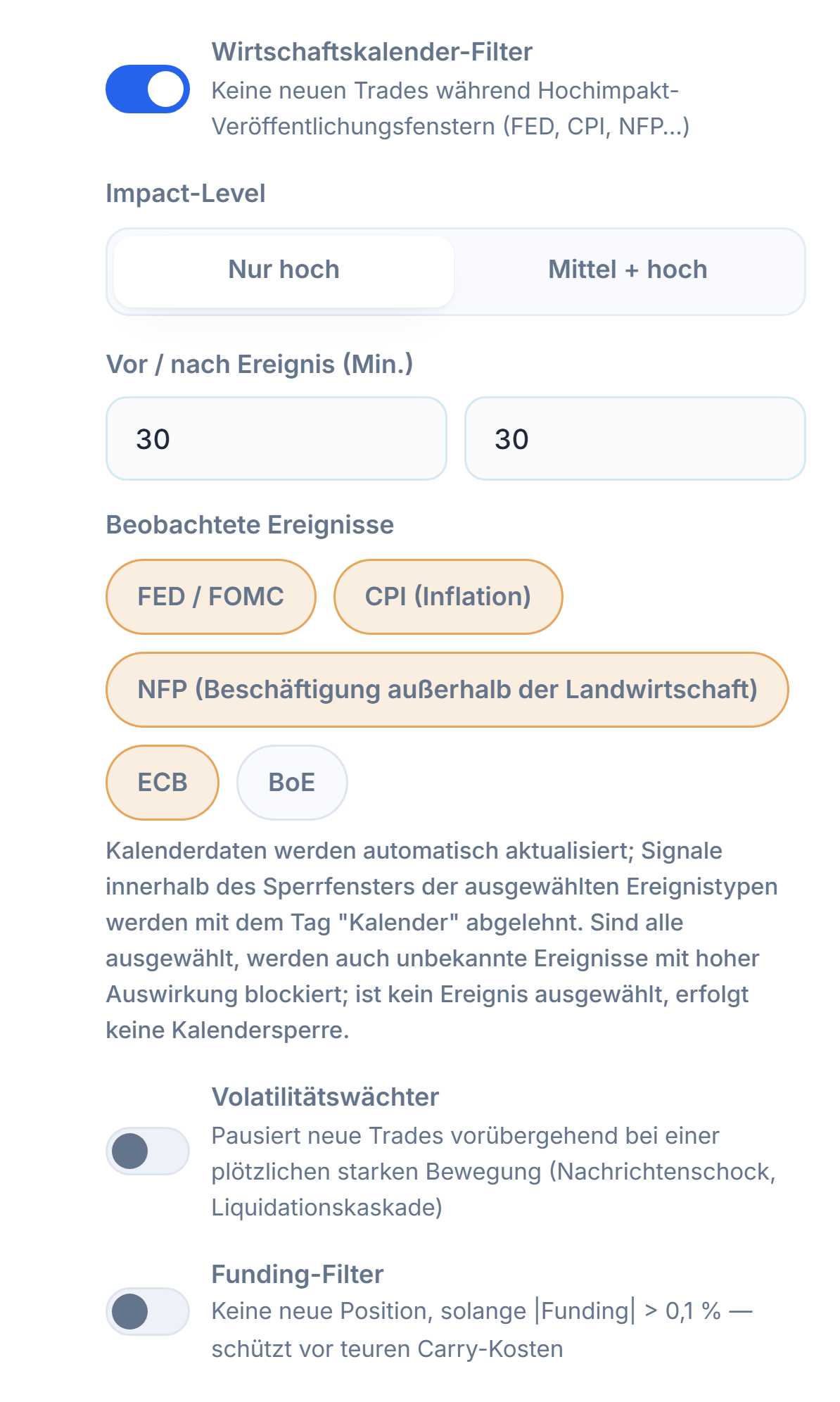 Schutzschild, Spalte Markt: Wirtschaftskalender-Filter, Impact-Level, Minuten vor und nach dem Ereignis, beobachtete Ereignisse, Volatilitätswächter und Funding-Filter