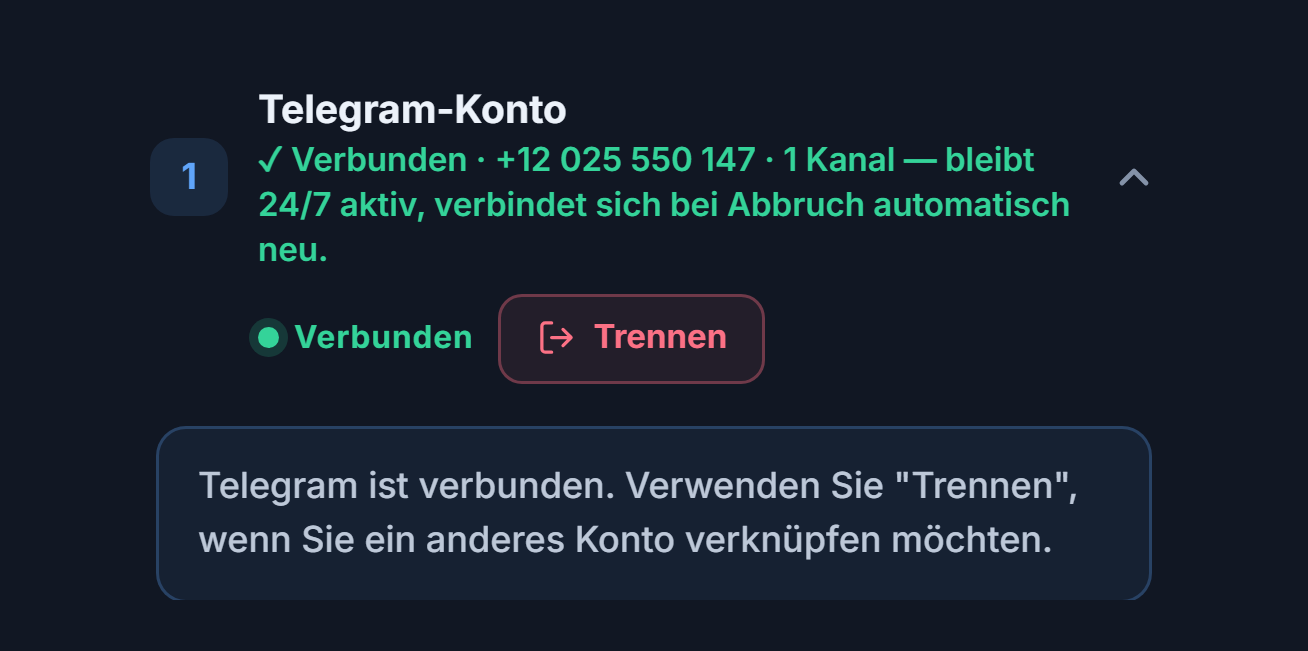 Abschnitt Telegram-Konto nach der Verbindung: grünes Badge Verbunden, Schaltfläche Trennen und Hinweis, dass Telegram verbunden ist