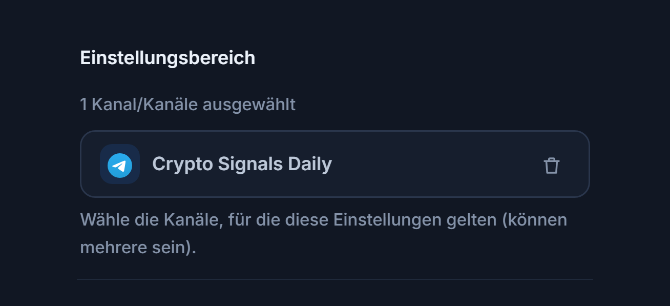 Einstellungsbereich nach dem Hinzufügen eines Kanals: Zähler „1 Kanal ausgewählt“, Chip des ausgewählten Kanals mit grünem Haken und Entfernen-Schaltfläche am Chip