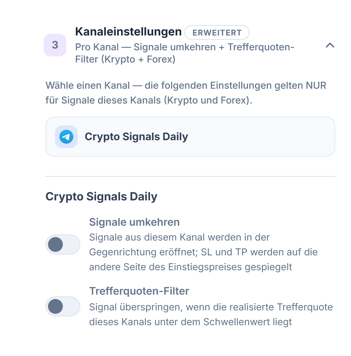 Akkordeon Kanaleinstellungen: Zeile des ausgewählten Kanals mit Rahmen, darunter die Schalter Signale umkehren und Trefferquoten-Filter