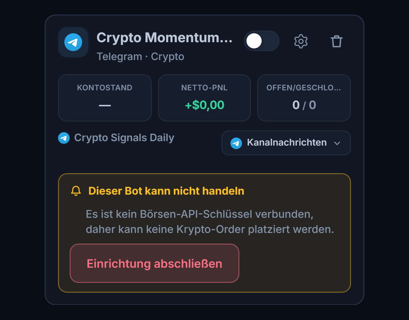 Frisch erstellte Bot-Karte im Panel Meine Bots: Bot-Name und Quelle, Liste „Dieser Bot kann keine Trades eröffnen“ und Schaltfläche Einrichtung abschließen