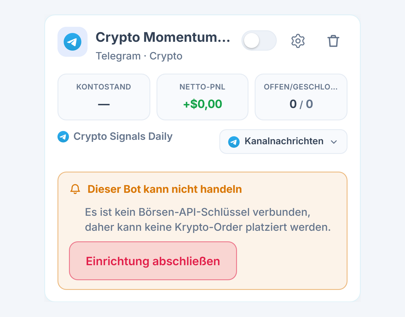 Frisch erstellte Bot-Karte im Panel Meine Bots: Bot-Name und Quelle, Liste „Dieser Bot kann keine Trades eröffnen“ und Schaltfläche Einrichtung abschließen