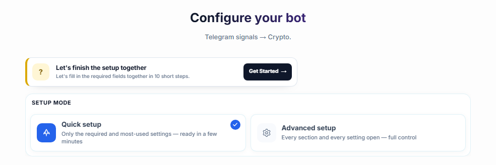 Top of the Configure your bot screen: setup guide Get Started button, Quick setup and Advanced setup cards