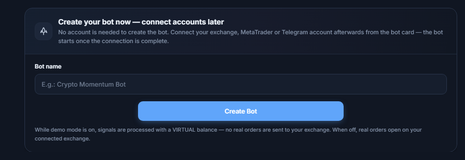 Create your bot now panel: Bot name field and Create Bot button