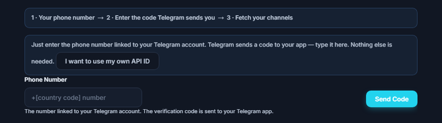 Telegram Connection: step strip, Phone Number field, and Send Code button