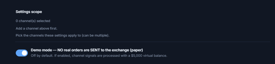 Top of Crypto Setup: Settings scope (0 channels selected) and the Demo mode toggle turned off