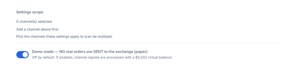 Top of Crypto Setup: Settings scope (0 channels selected) and the Demo mode toggle turned off