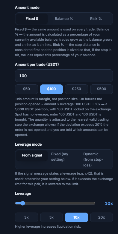 Position Size and Leverage: Fixed dollar mode, amount per trade, leverage mode, and leverage slider