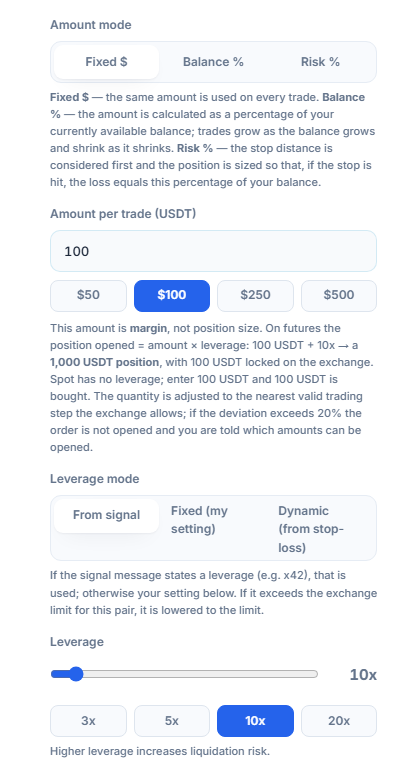 Position Size and Leverage: Fixed dollar mode, amount per trade, leverage mode, and leverage slider