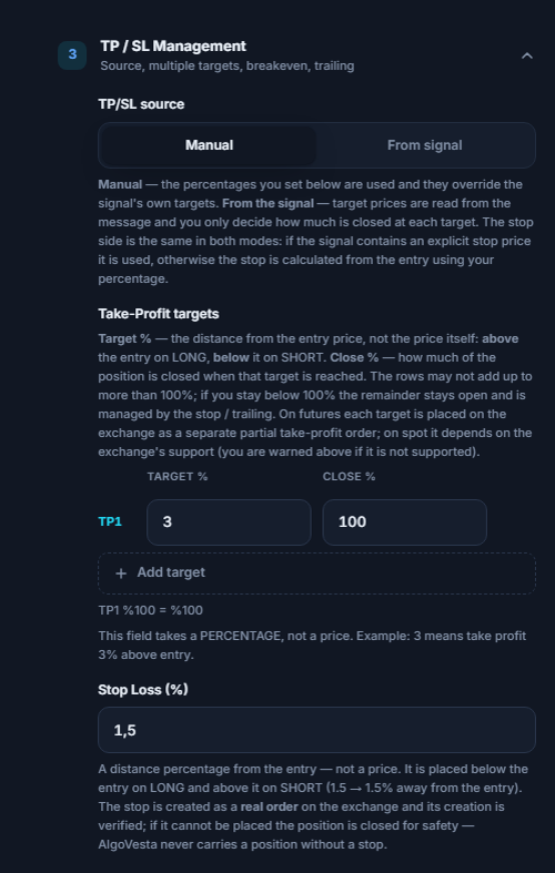 Manual TP/SL Management: TP/SL source, Take-Profit targets table, Add target, and Stop Loss percentage field