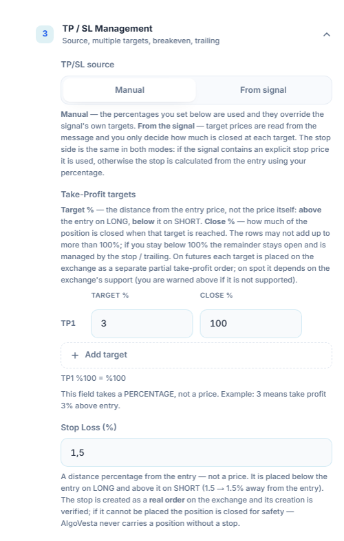 Manual TP/SL Management: TP/SL source, Take-Profit targets table, Add target, and Stop Loss percentage field