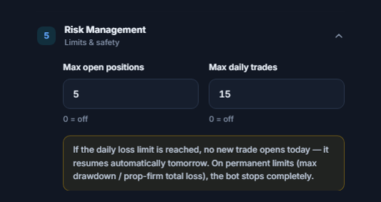 Risk Management, quick mode: Max open positions and Max daily trades