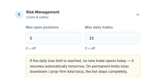 Risk Management, quick mode: Max open positions and Max daily trades