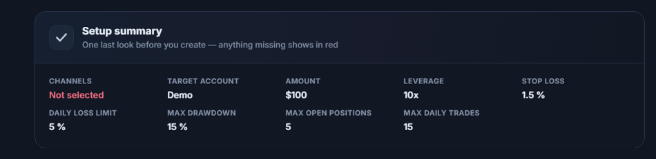 Setup summary: red Not selected in the Channel field, Demo shown in the Target account field