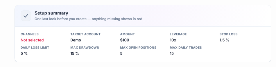 Setup summary: red Not selected in the Channel field, Demo shown in the Target account field