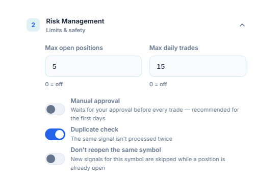 Advanced Risk Management: max open positions and daily trades, Manual approval with a red warning, Duplicate check, Don't reopen the same symbol, Allow before close in minutes