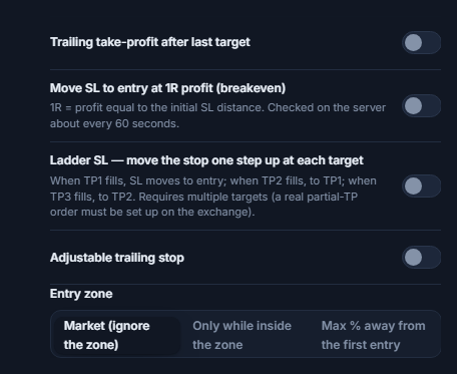 SL/TP management column: trailing take-profit, breakeven, Ladder SL, adjustable trailing stop with activation/pullback fields, Entry zone