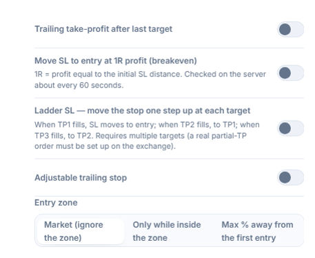 SL/TP management column: trailing take-profit, breakeven, Ladder SL, adjustable trailing stop with activation/pullback fields, Entry zone