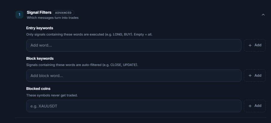Signal Filters: Entry keywords, Block keywords, and Blocked coins