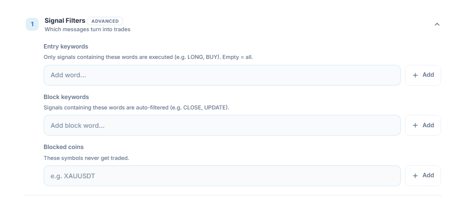 Signal Filters: Entry keywords, Block keywords, and Blocked coins