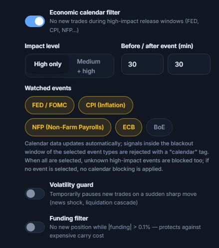 Protection Shield market column: economic calendar filter, impact level, minutes before and after the event, watched events, volatility guard, and funding filter