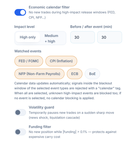Protection Shield market column: economic calendar filter, impact level, minutes before and after the event, watched events, volatility guard, and funding filter