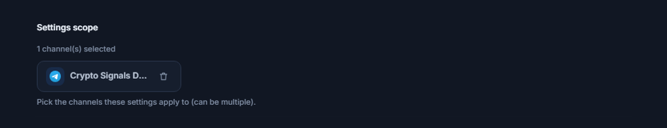 Settings scope section after adding a channel: a 1 channel selected counter, a selected channel chip with a green check, and the remove button on the chip