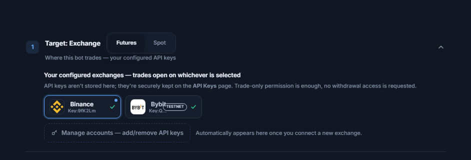 Target: Exchange section after connecting an API key: Futures/Spot choice, a selected Binance card with a blue border, a Bybit card with a TESTNET badge, and the Manage accounts link
