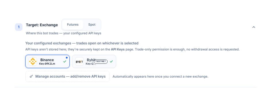 Target: Exchange section after connecting an API key: Futures/Spot choice, a selected Binance card with a blue border, a Bybit card with a TESTNET badge, and the Manage accounts link