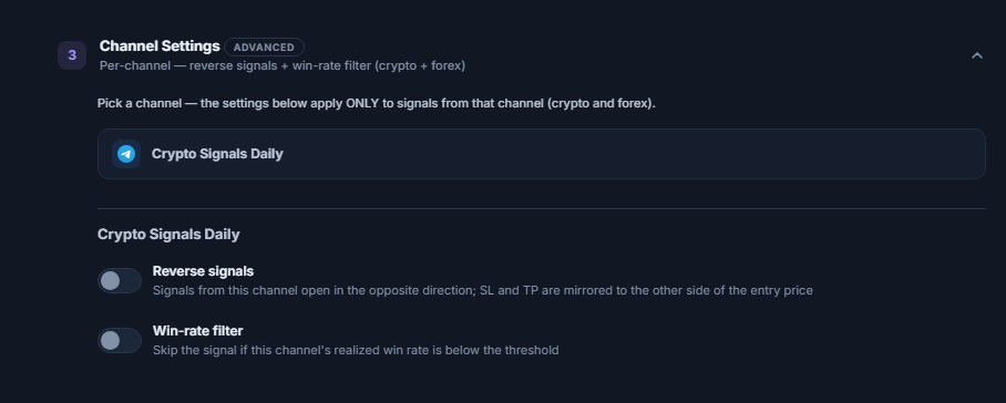 Channel Settings accordion: the selected channel row outlined, with the Reverse signals and Win-rate filter toggles below it