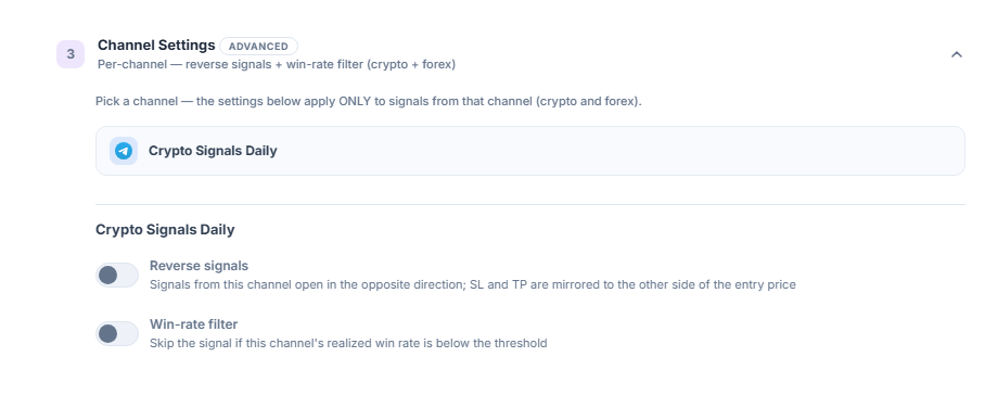 Channel Settings accordion: the selected channel row outlined, with the Reverse signals and Win-rate filter toggles below it