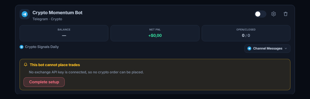 A newly created bot card in the My Bots panel: bot name and source, a This bot can't open trades list, and a Complete setup button