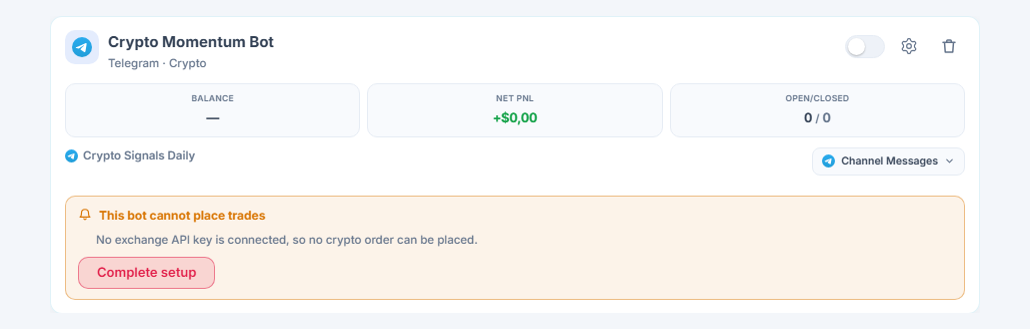 A newly created bot card in the My Bots panel: bot name and source, a This bot can't open trades list, and a Complete setup button