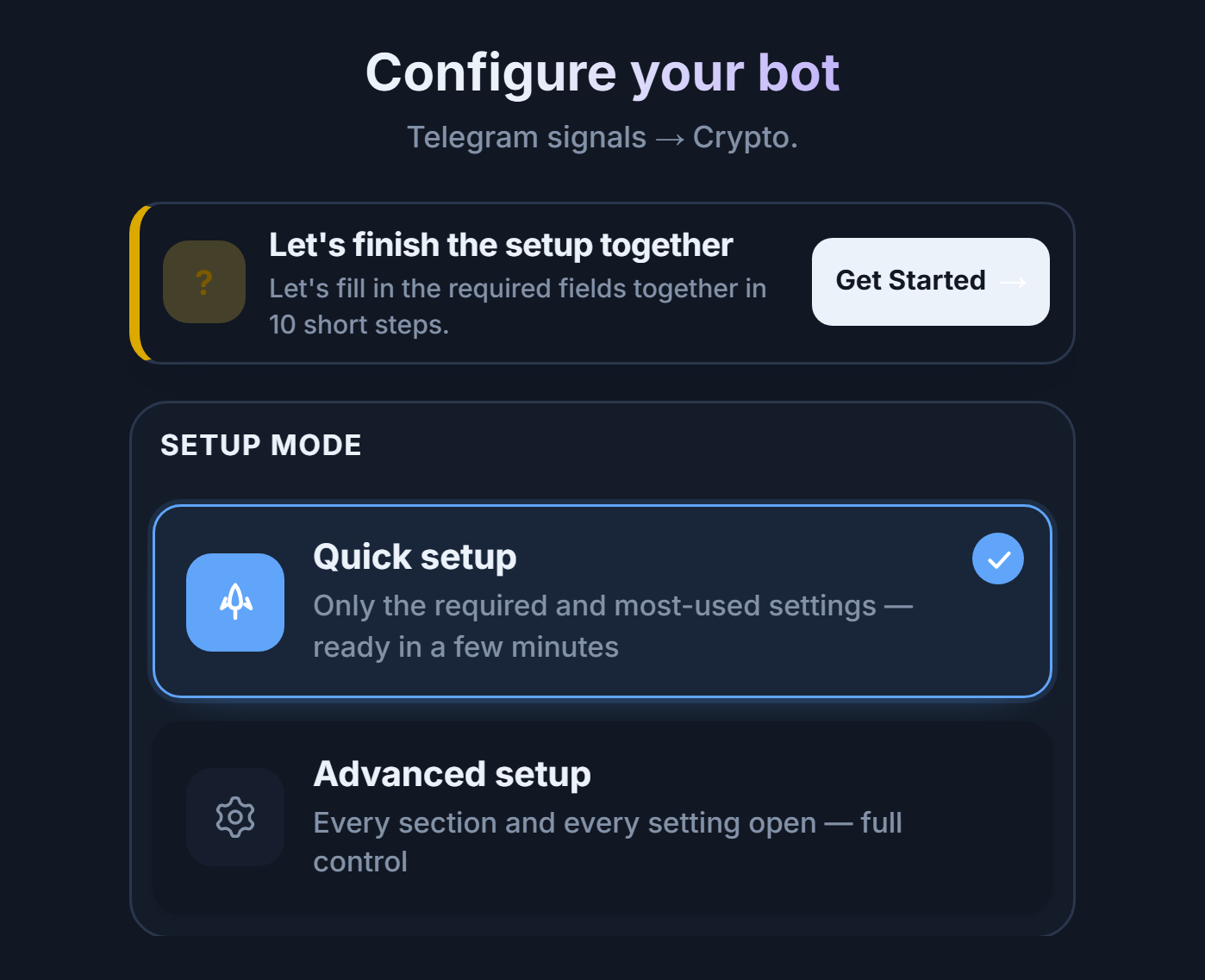 Top of the Configure your bot screen: setup guide Get Started button, Quick setup and Advanced setup cards