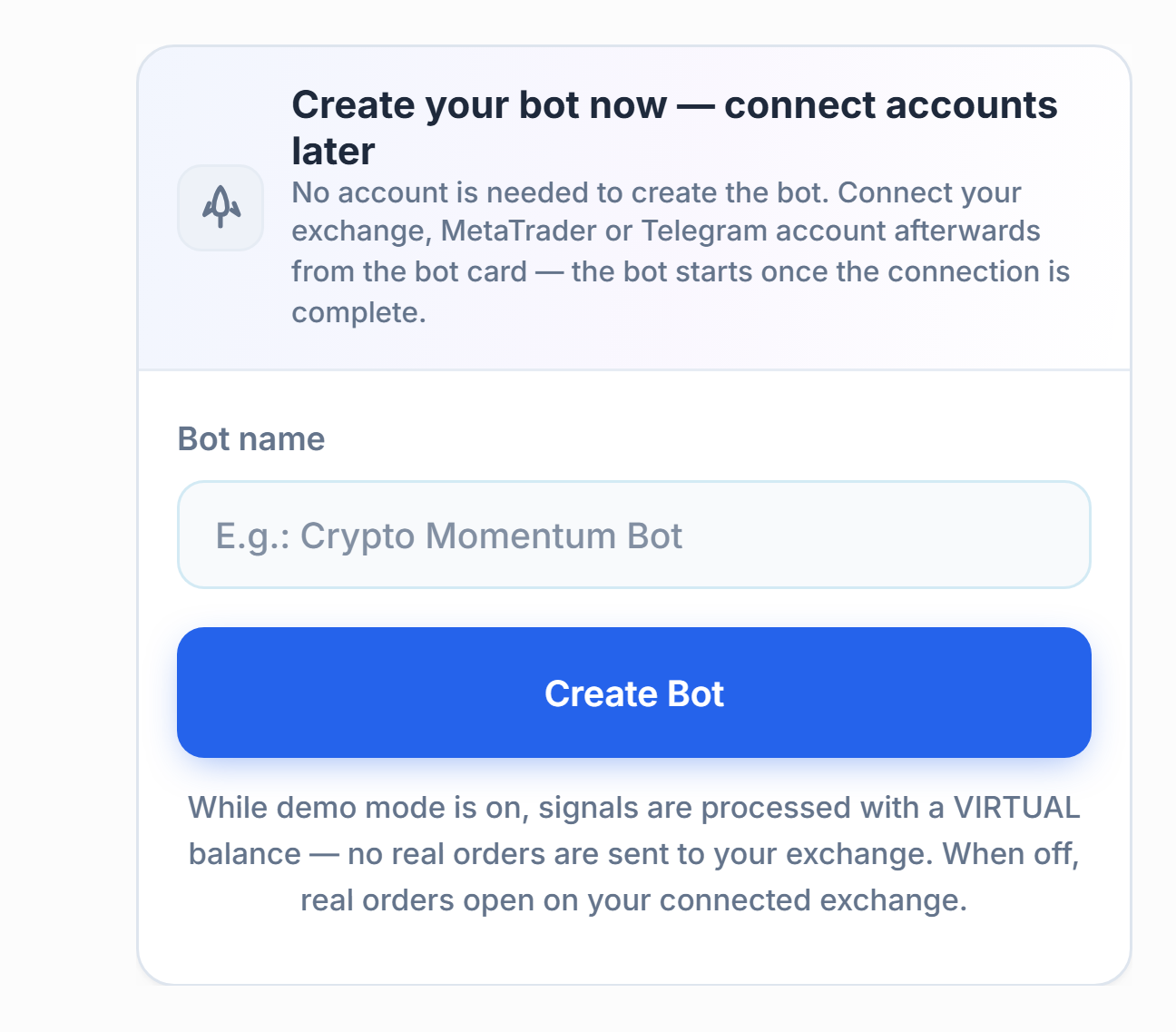 Create your bot now panel: Bot name field and Create Bot button