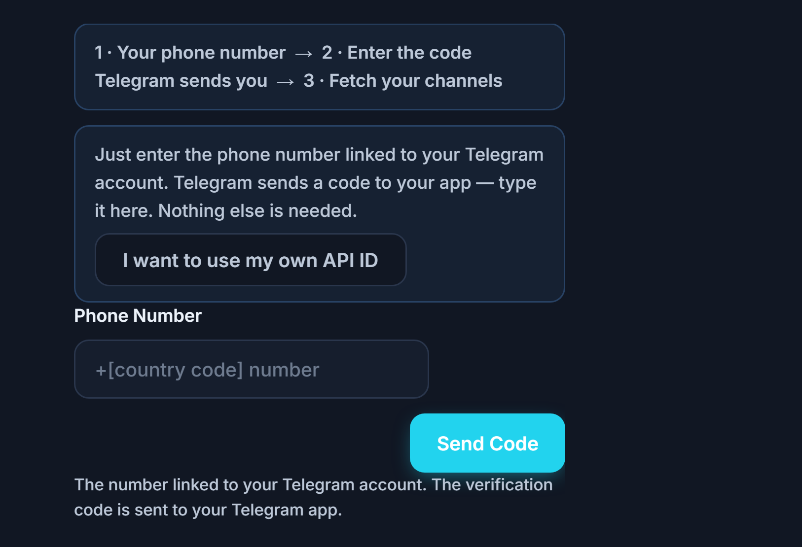 Telegram Connection: step strip, Phone Number field, and Send Code button