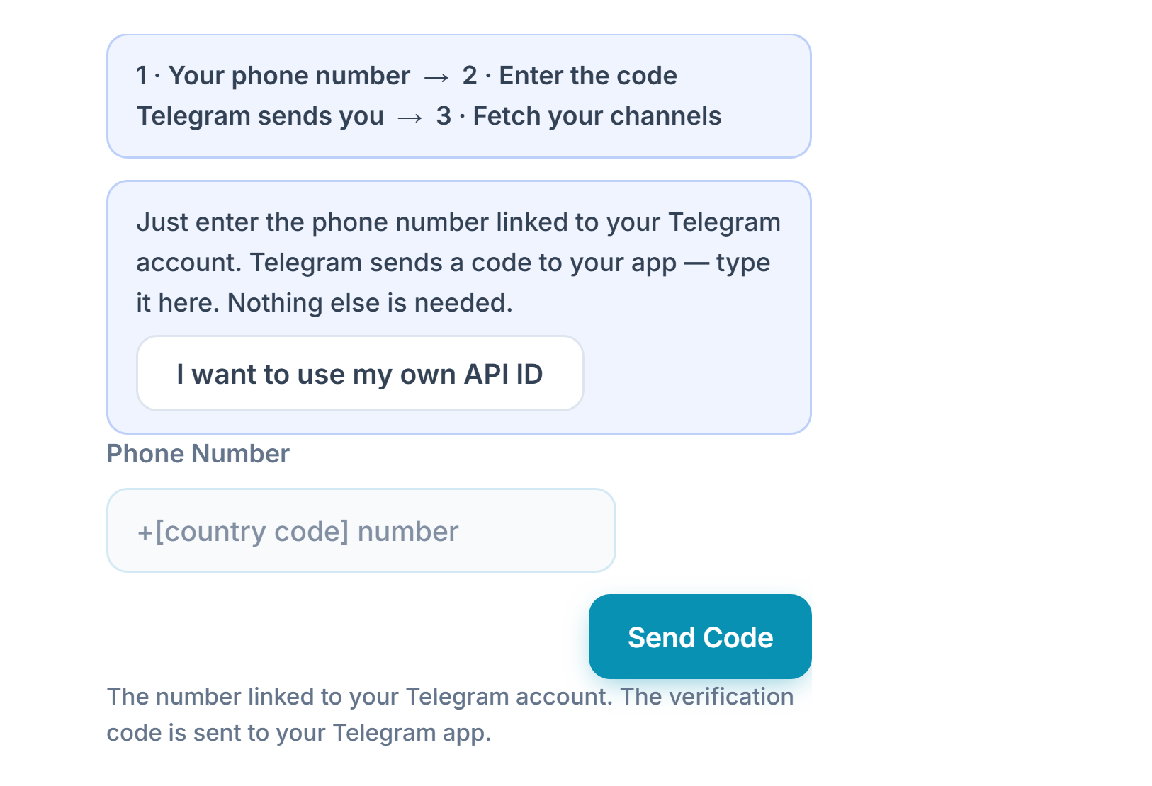 Telegram Connection: step strip, Phone Number field, and Send Code button