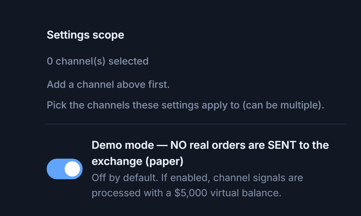 Top of Crypto Setup: Settings scope (0 channels selected) and the Demo mode toggle turned off