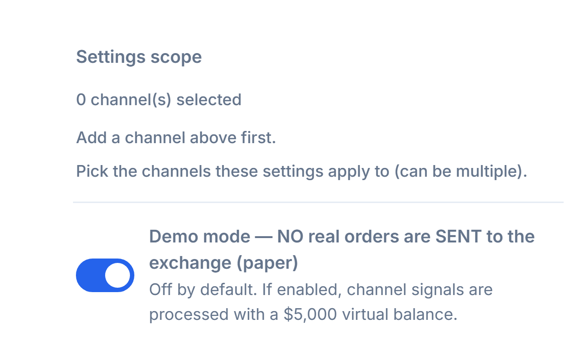 Top of Crypto Setup: Settings scope (0 channels selected) and the Demo mode toggle turned off