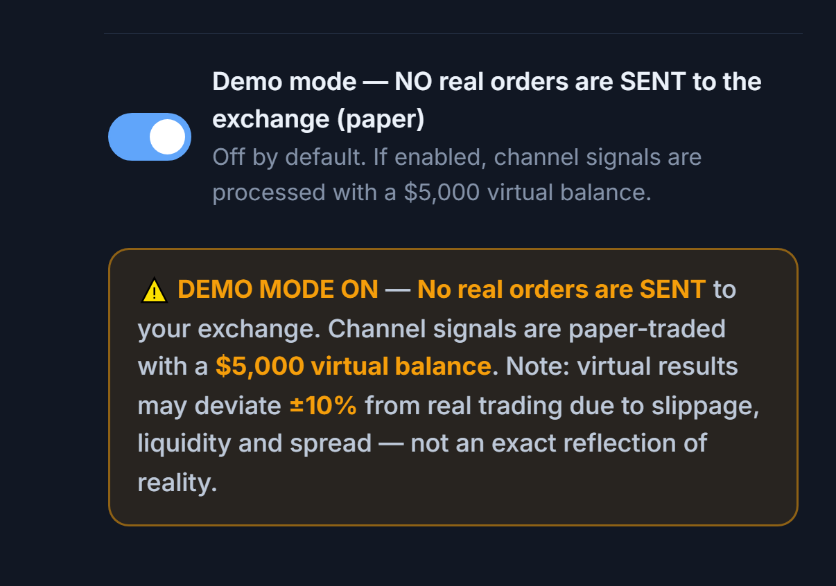 Demo mode on: toggle in the on position and an orange DEMO MODE ON warning banner