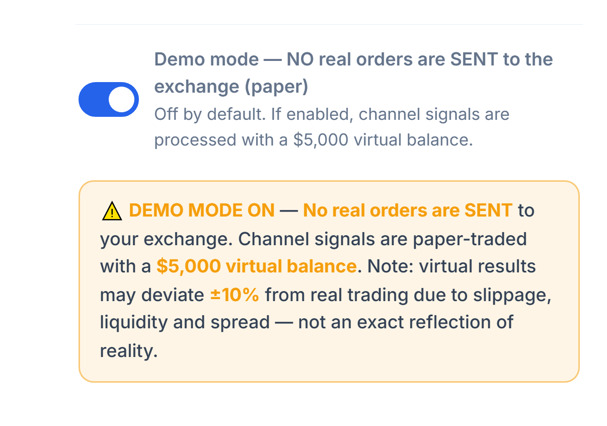 Demo mode on: toggle in the on position and an orange DEMO MODE ON warning banner
