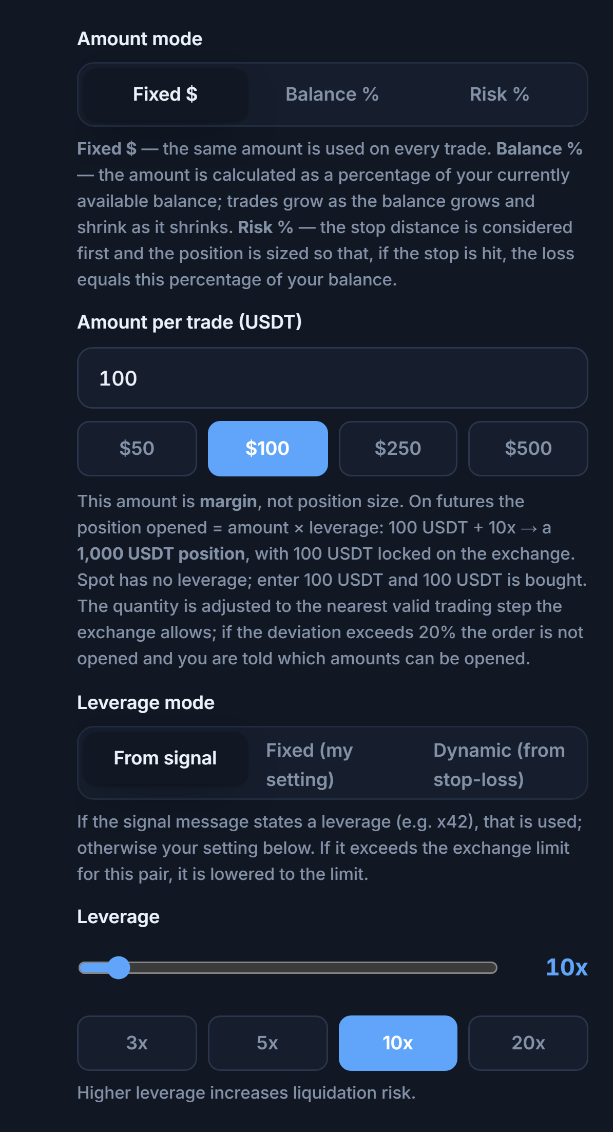 Position Size and Leverage: Fixed dollar mode, amount per trade, leverage mode, and leverage slider