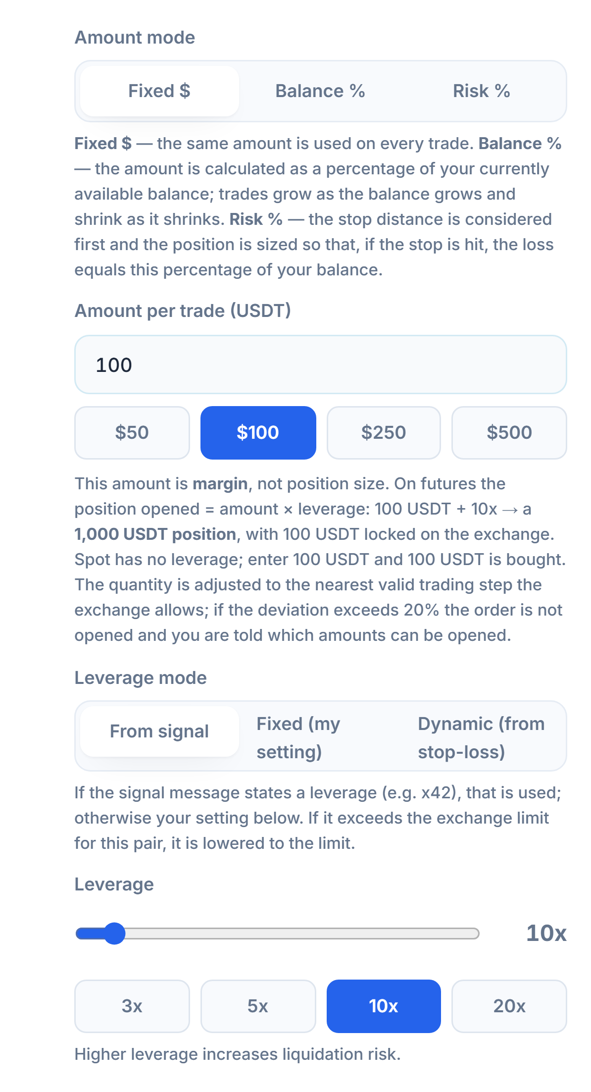 Position Size and Leverage: Fixed dollar mode, amount per trade, leverage mode, and leverage slider